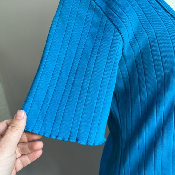 WRAY Square Neckline Turquoise Blue Ribbed Midi Sheath Dress Size XL - Picture 4 of 8